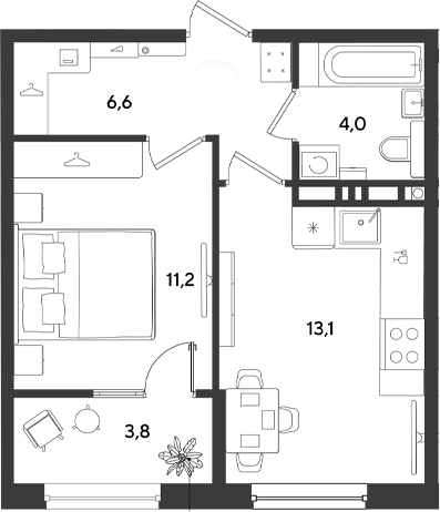 1-комн., 34.9 м², 8/9 этаж, ЖК «Ридз»