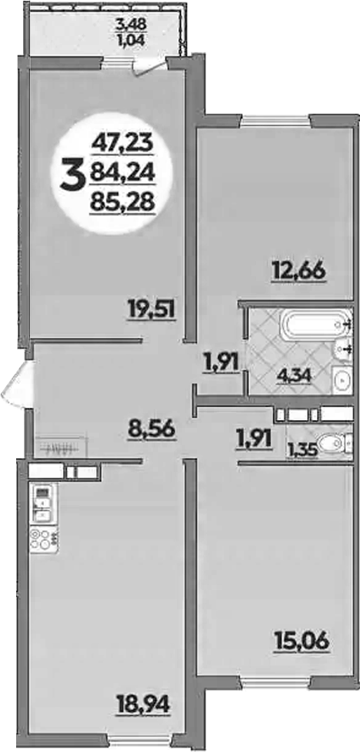 3-комн., 84.24 м², 9/9 этаж, ЖК «Предгорье Лаго-Наки»