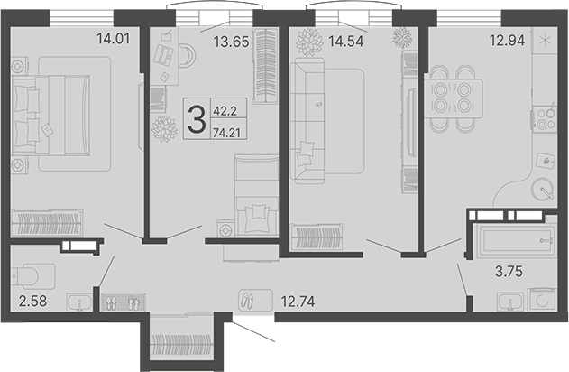 3-комн., 74.21 м², 6/13 этаж, ЖК «Светский лес»