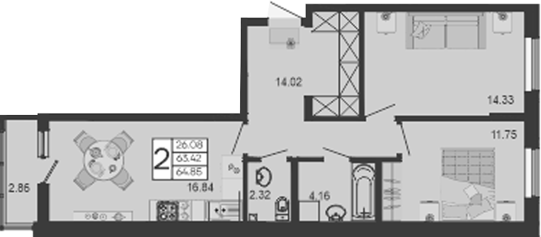 Продается 2-комн. квартира, 63.99 м²