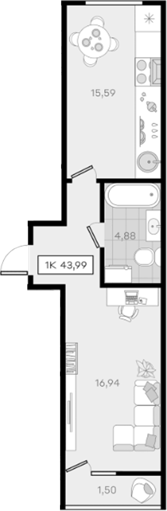 Продается 1-комн. квартира, 42.49 м²