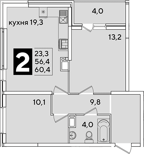 3-комн., 56.4 м², 11/16 этаж, ЖК «Самолет»