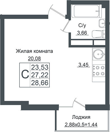 Студия, 27.22 м², 5/7 этаж, ЖК «Европа-Сити»