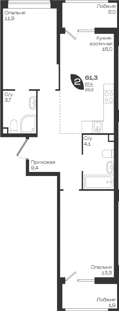 Продается 2-комн. квартира, 57.4 м²