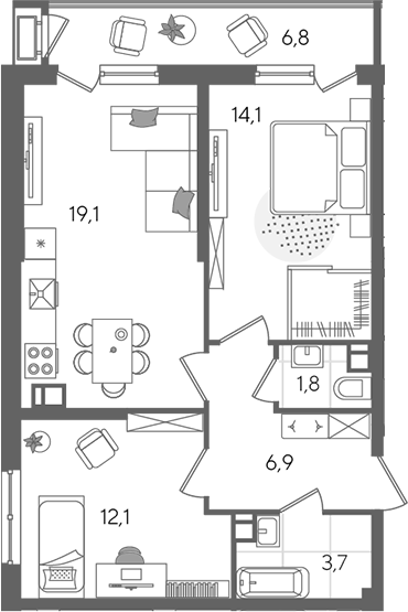 3-комн., 57.7 м², 3/24 этаж, ЖК «Рекорд»