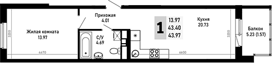 Продается 1-комн. квартира, 43.4 м²