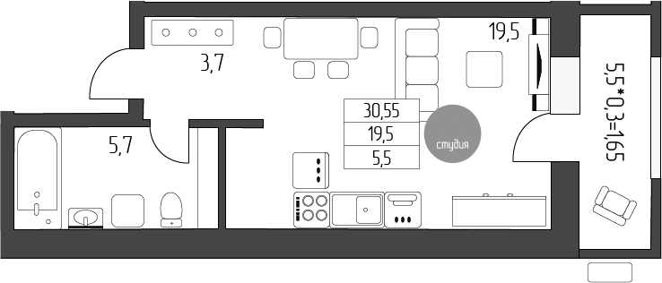 Студия, 28.9 м², 2/5 этаж, ЖК «Лермонтов»