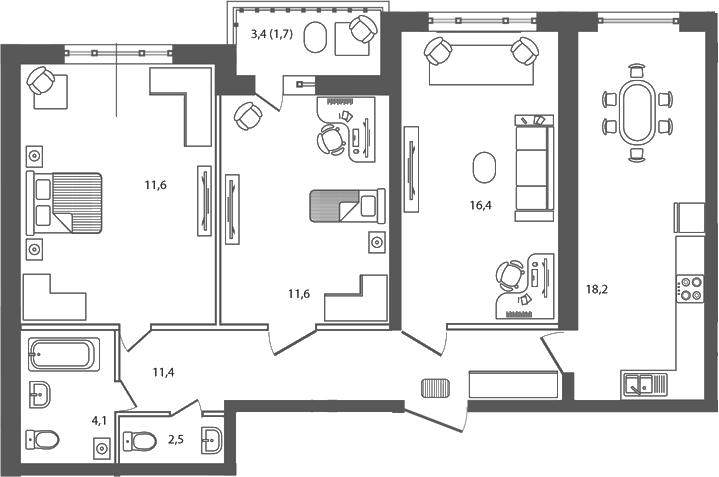 3-комн., 75.8 м², 5/9 этаж, ЖК «Сиреневый бульвар»