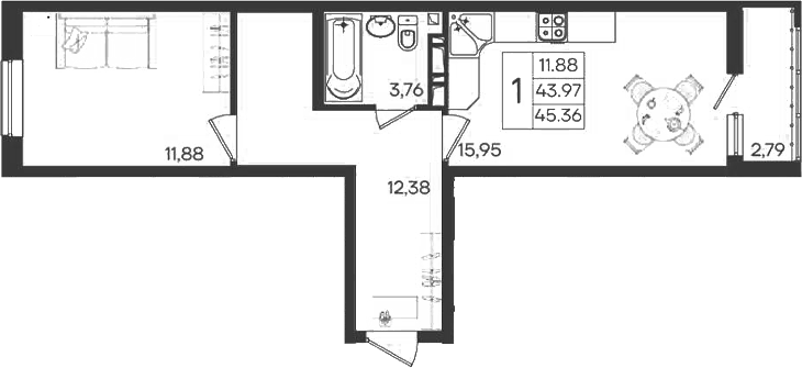 1-комн., 43.96 м², 5/9 этаж, ЖК «Дом 101»