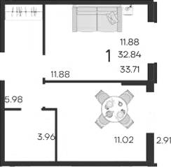 1-комн., 32.84 м², 2/18 этаж, ЖК «Дом 101»