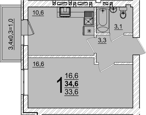 1-комн., 33.6 м², 5/5 этаж, ЖК «Дарград»