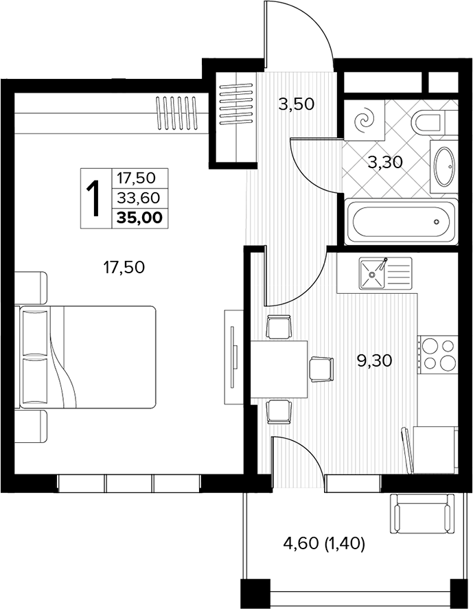 1-комн., 33.6 м², 5/6 этаж, ЖК «Кипарис»