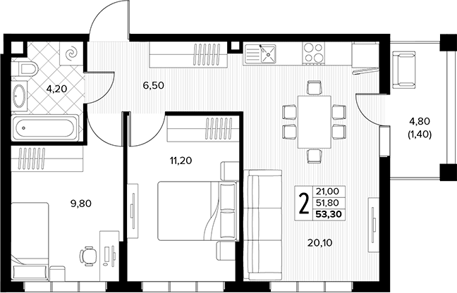 Продается 2-комн. квартира, 51.8 м²