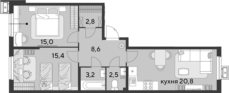 3-комн., 68.3 м², 2/18 этаж, ЖК «Парк Победы»
