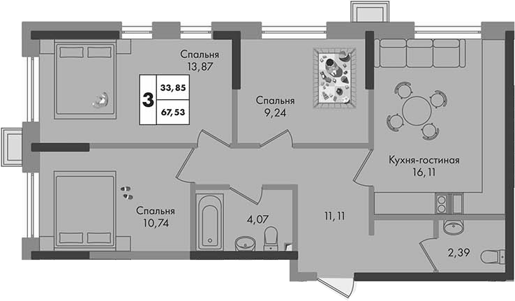 3-комн., 67.53 м², 5/9 этаж, ЖК «Зеленая территория»