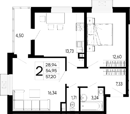 Продается 2-комн. квартира, 54.95 м²