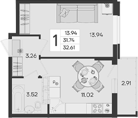 1-комн., 31.74 м², 18/18 этаж, ЖК «Дом 101»