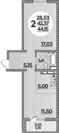 1-комн., 42.37 м², 7/8 этаж, ЖК «Молодежный 2»