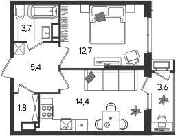 1-комн., 38 м², 19/24 этаж, ЖК «Рекорд»