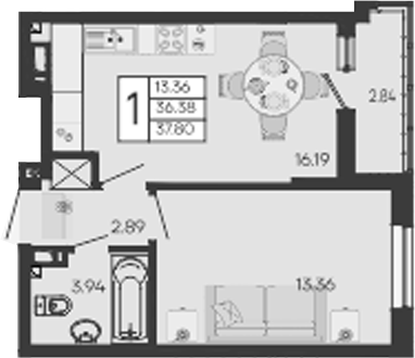 1-комн., 36.38 м², 8/9 этаж, ЖК «Дом 101»