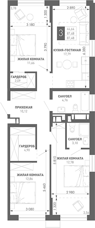 3-комн. Иначе в Молодежном
