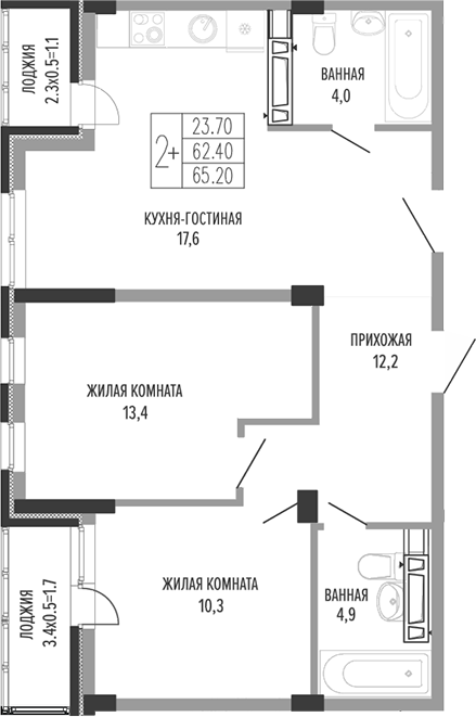 3-комн., 64.35 м², 2/4 этаж, ЖК «Екатерининский парк»