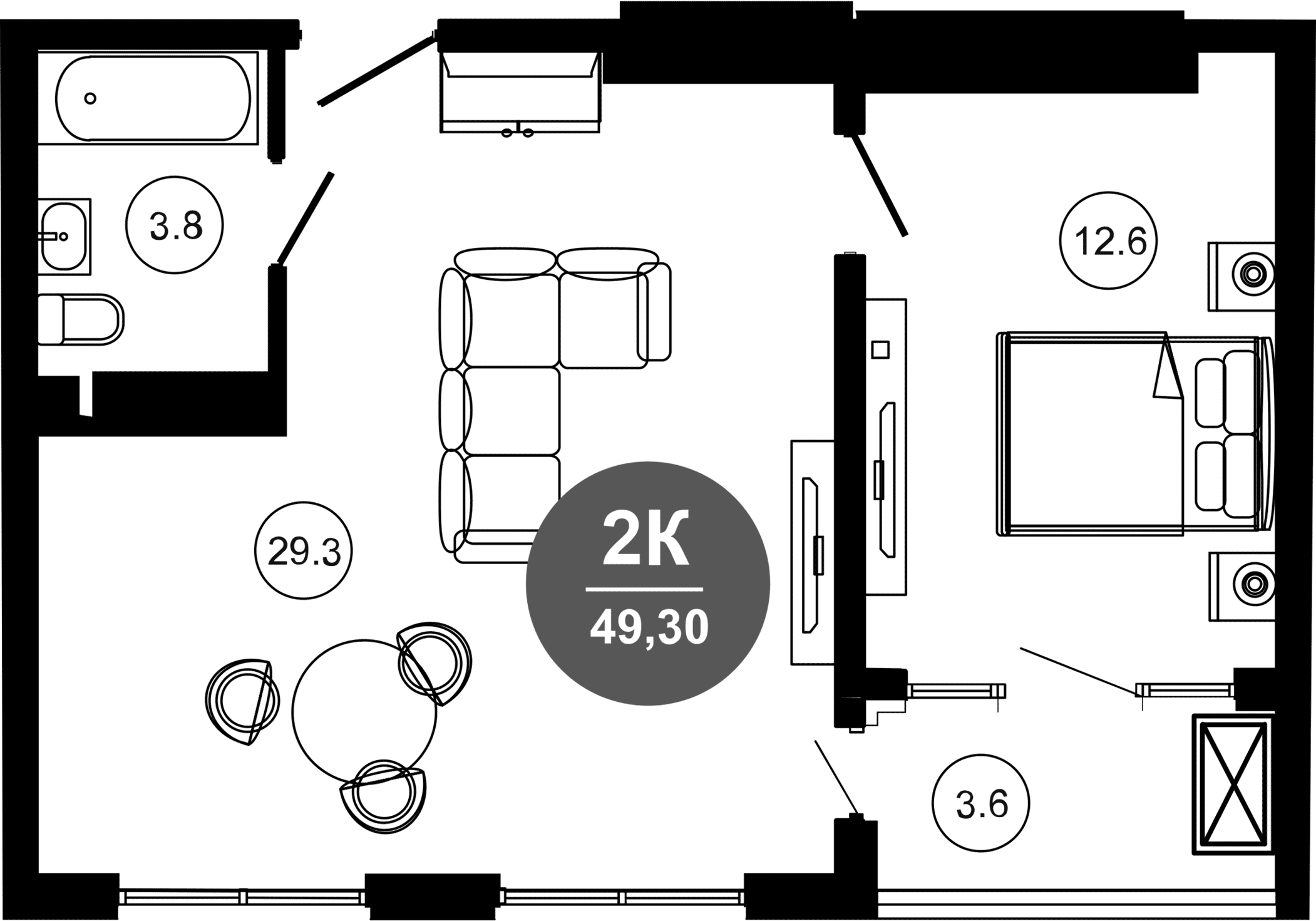 2-комн., 45.7 м², 6/10 этаж, ЖК «Гостиничный комплекс GREENMONT»