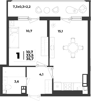 1-комн., 33.5 м², 2/9 этаж, ЖК «Лето»