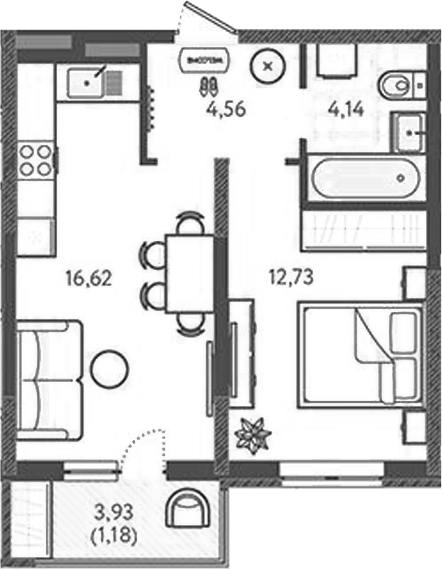 1-комн., 37.26 м², 3/9 этаж, ЖК «Теплые края»