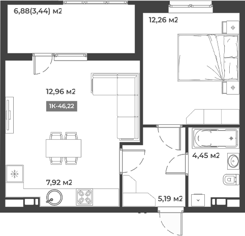 1-комн., 42.78 м², 1/5 этаж, ЖК «Соловей»