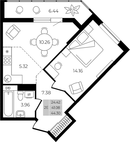 2-комн., 41.08 м², 1/8 этаж, ЖК «Курортный регион»