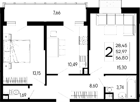 Продается 2-комн. квартира, 52.97 м²