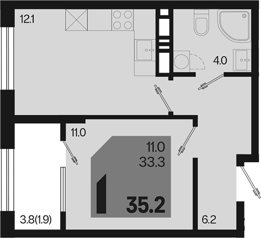 1-комн., 33.3 м², 16/18 этаж, ЖК «Первое место»