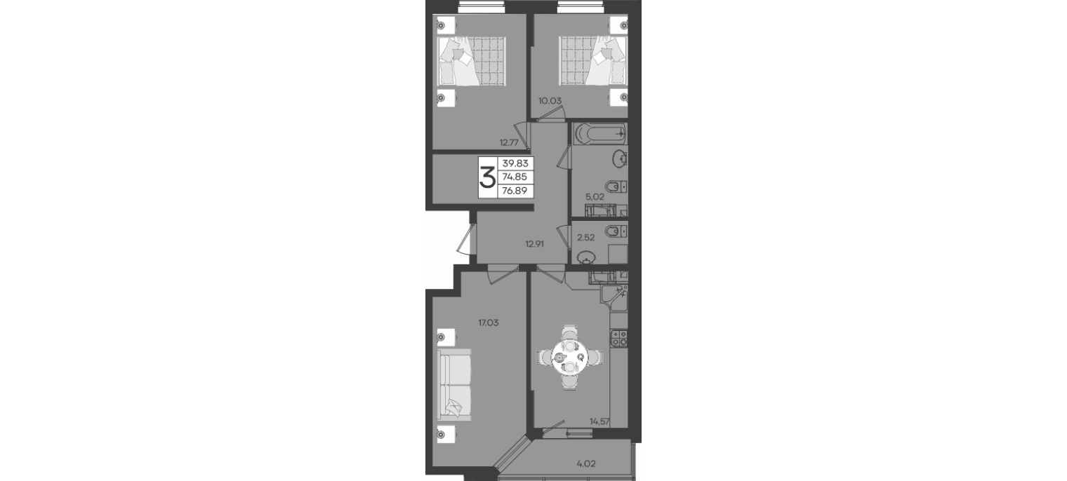 3-комн., 74.88 м², 12/18 этаж, ЖК «Дом 101»