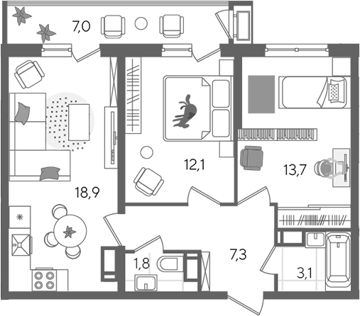 3-комн., 56.9 м², 20/24 этаж, ЖК «Рекорд»