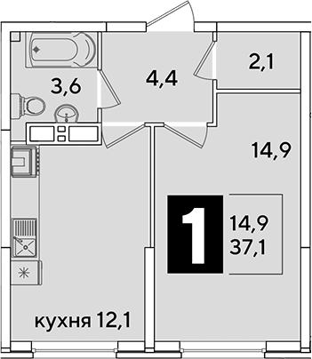 1-комн., 37.1 м², 14/16 этаж, ЖК «Самолет»