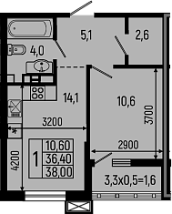 1-комн., 36.4 м², 8/9 этаж, ЖК «Звезды»