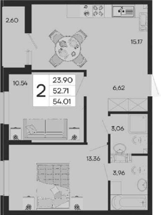 2-комн., 52.71 м², 7/9 этаж, ЖК «Дом 101»