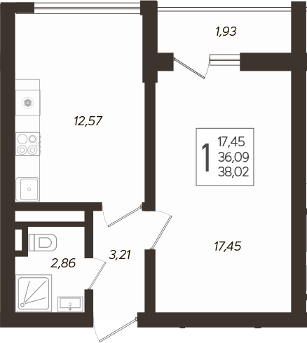 1-комн., 36.77 м², 19/19 этаж, ЖК «Кислород»