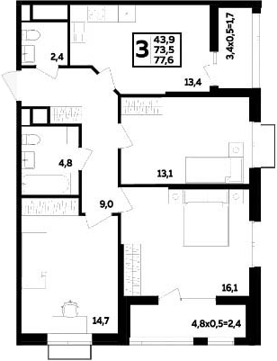 3-комн., 73.5 м², 6/16 этаж, ЖК «МегаСити»