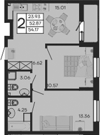 2-комн., 52.87 м², 2/9 этаж, ЖК «Дом 101»