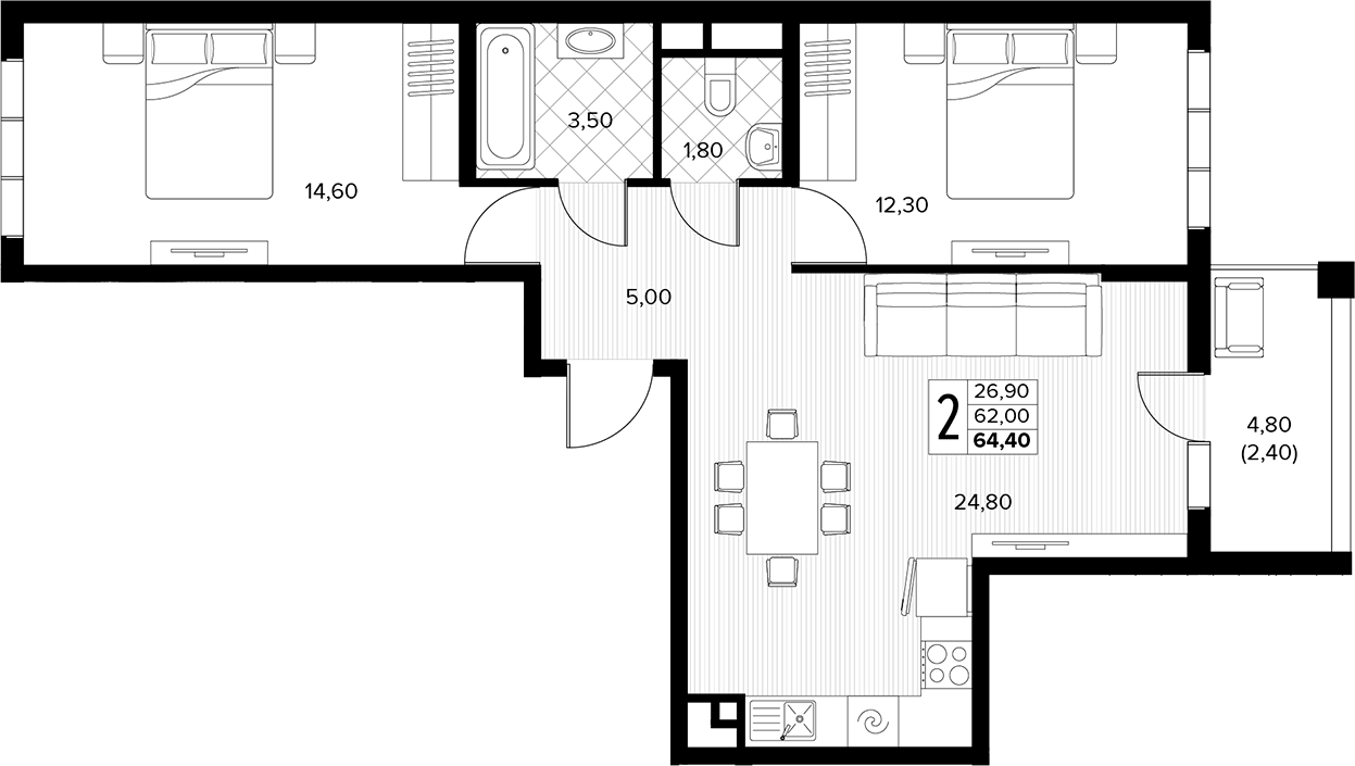2-комн., 62 м², 5/6 этаж, ЖК «Кипарис»