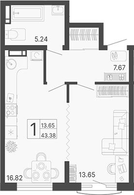 1-комн., 43.38 м², 2/17 этаж, ЖК «Светский лес»