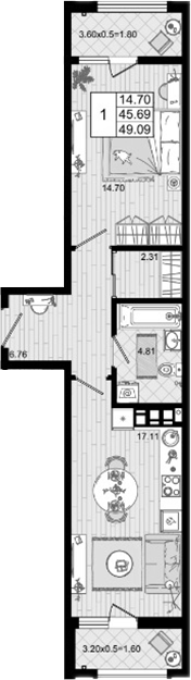 1-комн., 45.69 м², 4/8 этаж, ЖК «Резиденция морей»