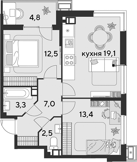 3-комн., 57.8 м², 3/9 этаж, ЖК «Парк Победы»