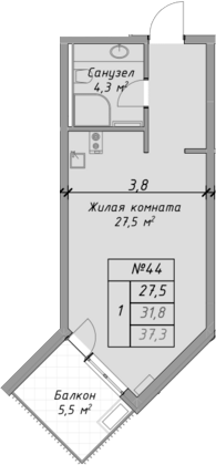 Студия, 31.8 м², 2/4 этаж, ЖК «Оазис Азова»