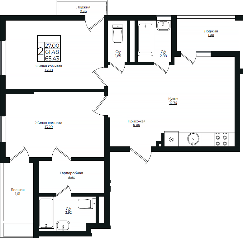 2-комн., 61.48 м², 8/10 этаж, ЖК «Европа-Сити»