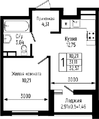 1-комн., 31.11 м², 12/18 этаж, ЖК «Ботаника Хиллс»
