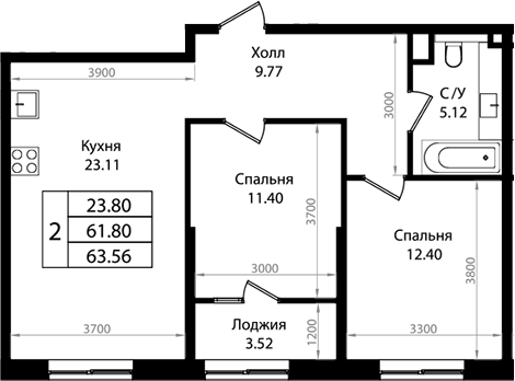 Продается 2-комн. квартира, 61.34 м²