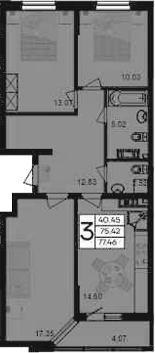 3-комн., 75.42 м², 3/9 этаж, ЖК «Дом 101»